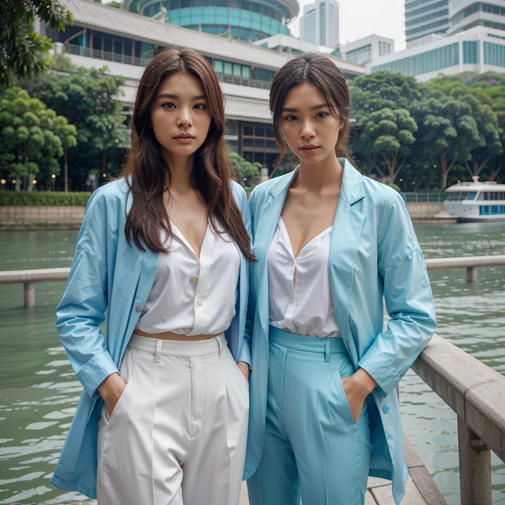 Female supermodel. Singapore Chinese. Singapore river, Singapore. Pastel blue doctor coat. White formal shirt. Pastel blue trousers. Close-up.