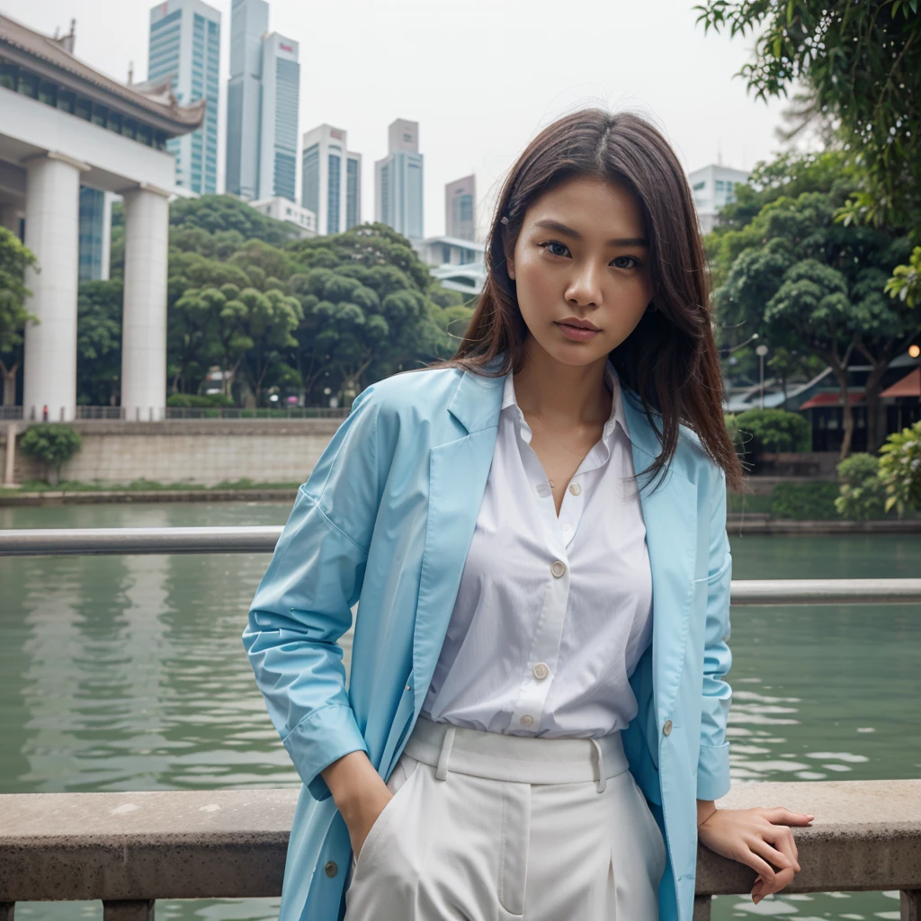 Female supermodel. Singapore Chinese. Singapore river, Singapore. Pastel blue doctor coat. White formal shirt. Pastel blue trousers. Close-up.