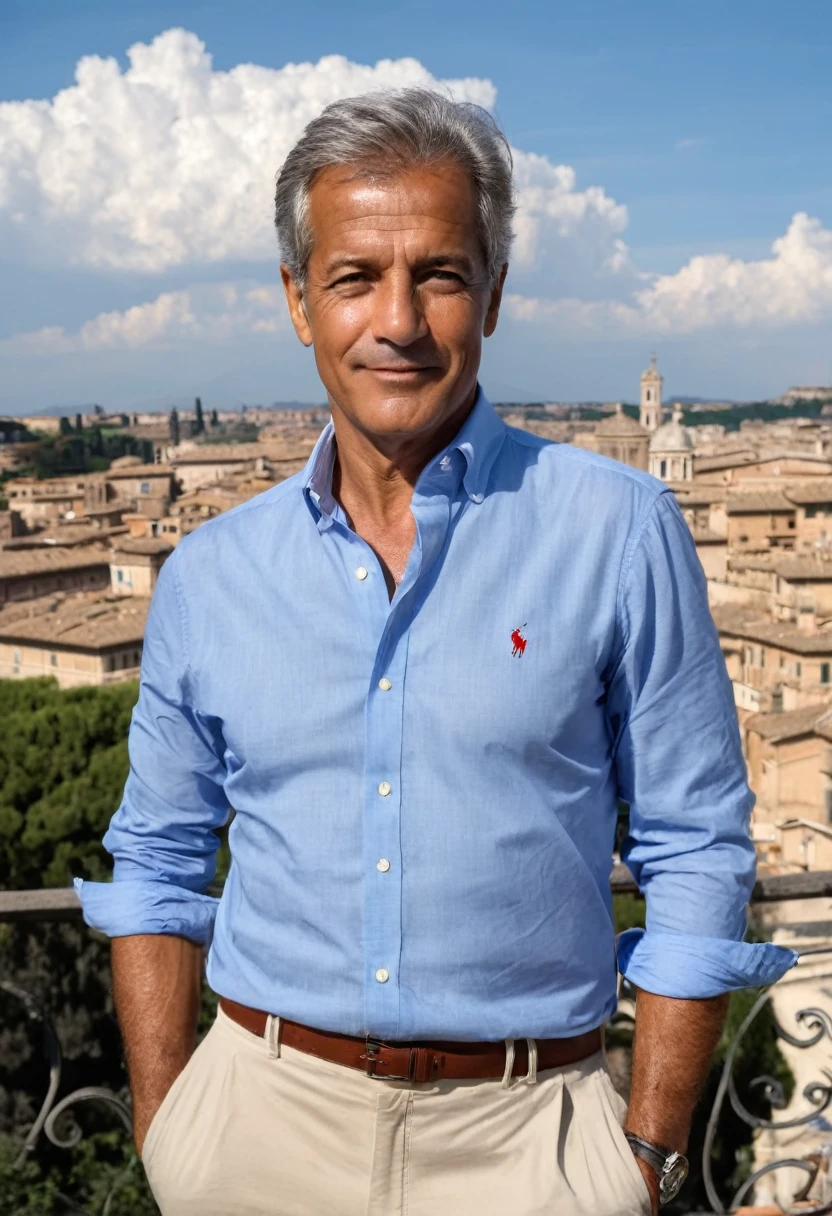 ((60 years old)) Italian engineer, gray short hair, slim fitness, Mediterranean body and skin tone, blue ralph lauren shirt, business casual Italian style, in a typical Rome location, summertime, sunny day with puffy white small clouds in the sky, serene happy atmosphere, perfect photo portrait, bokeh, 8k detailed, Hasselblad photo, (( hyper realistic establishing shot)), intricate details
