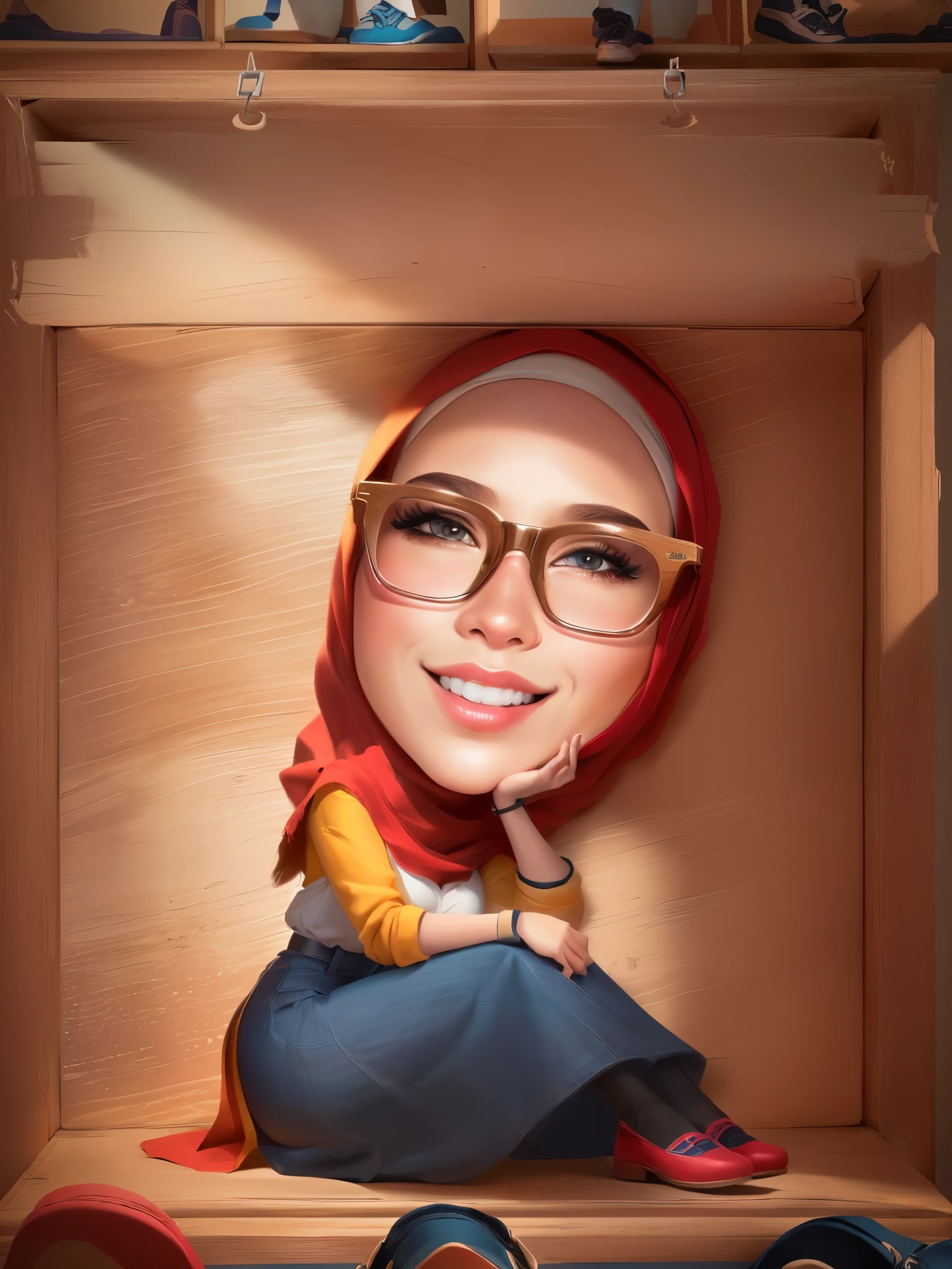 cartoon woman hijab sitting in a wooden box with a shelf full of shoes, cartoon portrait, caricature illustration, inspired by JoWOnder, close up potrait, cartoon artstyle, potrait, proffesional illustration, cute woman, inspired by Basuki Abdullah, portrait shot, in cartoon style, cartoon digital painting, caricature style, full protrait, digital art cartoon