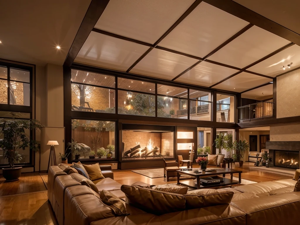 A Double-height ceiling living room with a large, floor-to-ceiling window. cozy ambiance with a fire place and a television.outside is dark and rainy