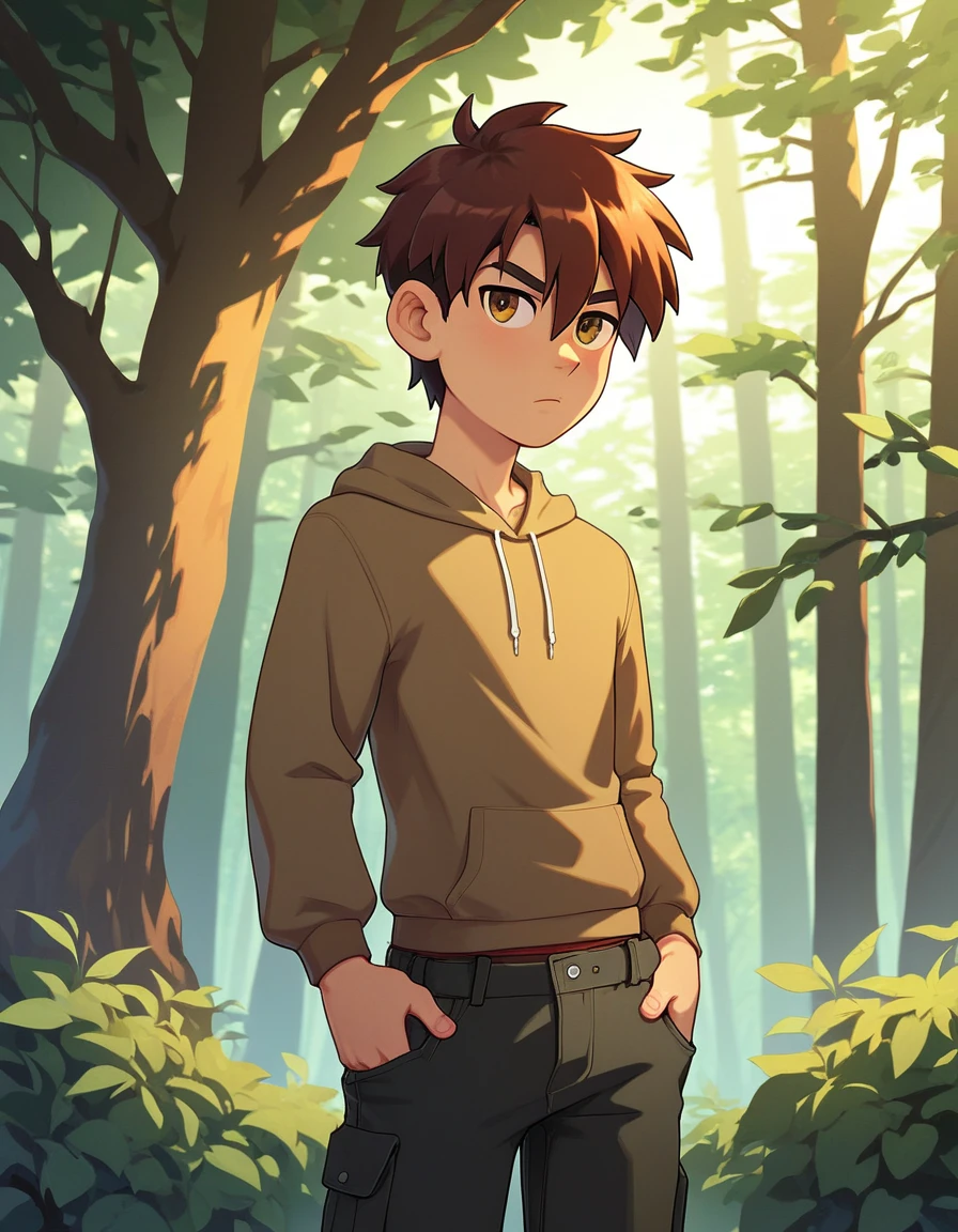 A slim young man with a serious expression, standing alone in a forest during the day. He is dressed in a baggy brown hoodie with long sleeves and loose black cargo pants. His dark brown, medium-length hair falls between his eyes, complementing his brown eyes. The scene is highly detailed and rendered in the highest quality