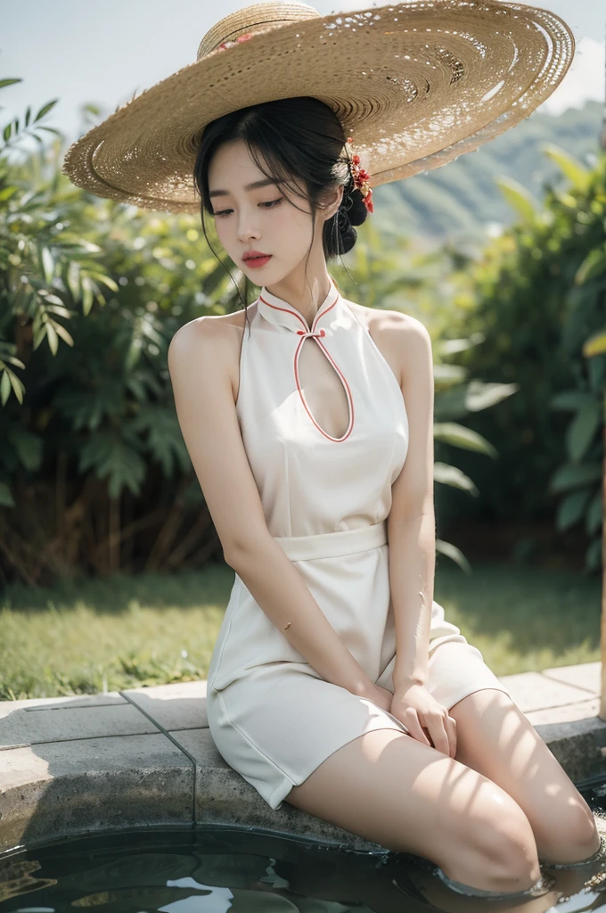 (((best quality))),(((ultra detailed))),(((masterpiece))),illustration,1 beautiful girl,slim,straw hat,shiny skin,dark skin,sweat,wet,flat chest,short Embroidered red cheongsam,bare arms,sitting in paddy pool,upper body,elegant, clear sky, sunlight, dreamy, contrast, natural,Chinese rural landscape,The body below the neck is in water