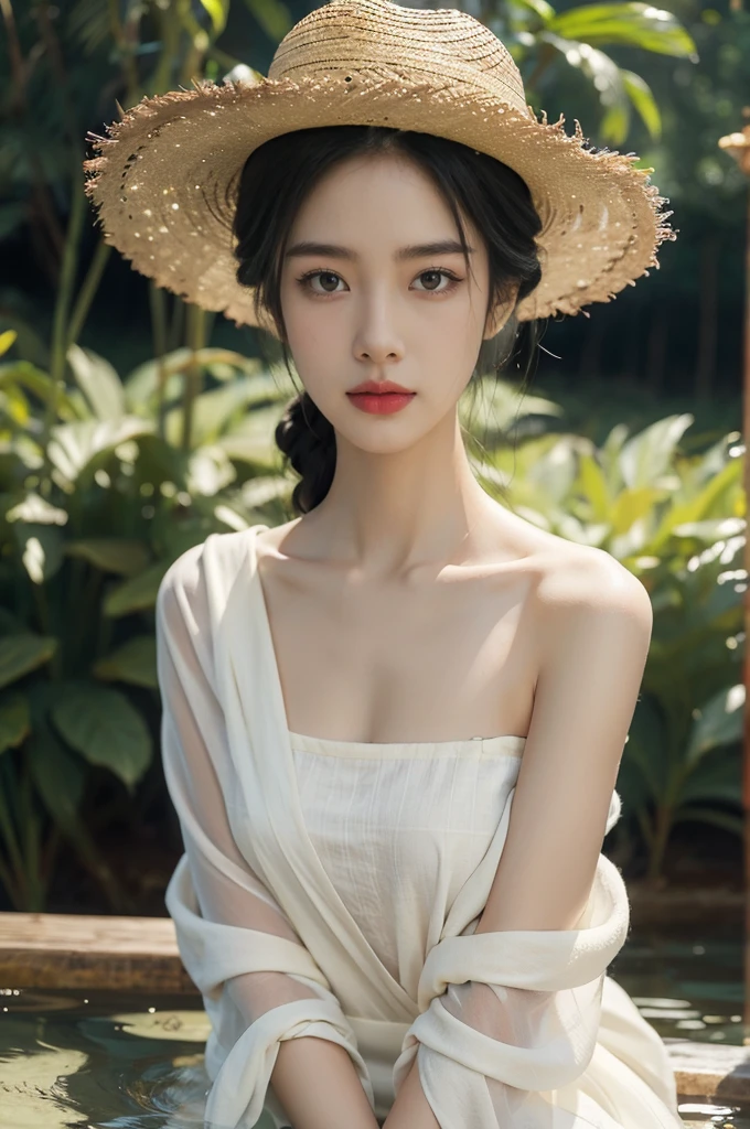 (((best quality))),(((ultra detailed))),(((masterpiece))),illustration,1 beautiful girl,slim,straw hat,shiny skin,dark skin,sweat,wet,flat chest,short Embroidered red cheongsam,bare arms,sitting in paddy pool,upper body,elegant, clear sky, sunlight, dreamy, contrast, natural,Chinese rural landscape,The body below the neck is in water