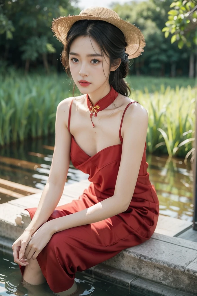 (((best quality))),(((ultra detailed))),(((masterpiece))),illustration,1 beautiful girl,slim,straw hat,shiny skin,dark skin,sweat,wet,flat chest,short Embroidered red cheongsam,bare arms,sitting in paddy pool,upper body,elegant, clear sky, sunlight, dreamy, contrast, natural,Chinese rural landscape,The body below the neck is in water