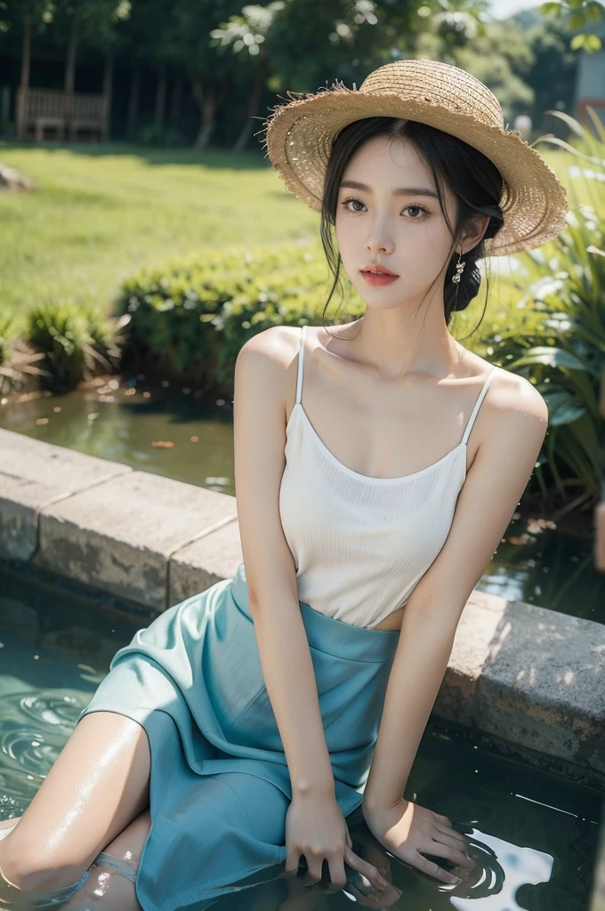 (((best quality))),(((ultra detailed))),(((masterpiece))),illustration,1 beautiful girl,slim,straw hat,shiny skin,dark skin,sweat,wet,flat chest,short Embroidered red cheongsam,bare arms,sitting in paddy pool,upper body,elegant, clear sky, sunlight, dreamy, contrast, natural,Chinese rural landscape,The body below the neck is in water