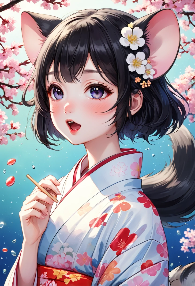 (Yumeji Takehisa style:1.2) , Hallucination, daydream , nightmare , Insane Dream , bokeh , erotica , romance , realistic mouse nymph and realistic cat , yukata , Petals fluttering down , Single eyelids, round nose, swollen cheeks , glossy lips , licking popsicle , Collarbone , Disheveled Hair , (Water up to the ankle:0.85) , Scorching Heat summer , Roll up the hem to expose your knees