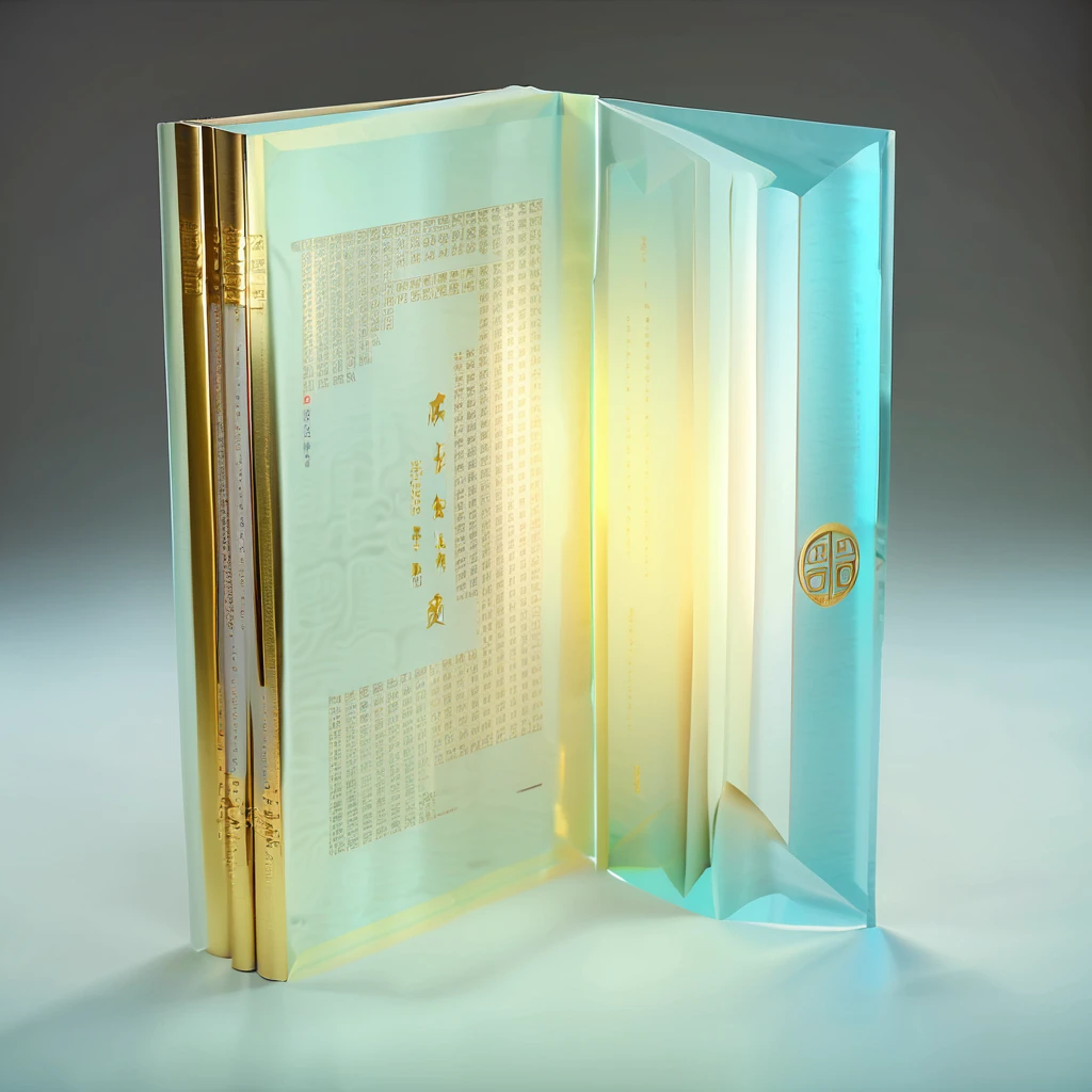 An unrolled ancient Chinese rice paper book, opened and placed, glass material, written with Chinese characters in gold, transparent, light blue, white, light gold, C4D, OC renderer, dreamlike, combined with the sense of the ancient and the future, three-dimensional ancient, bioluminescent, a beam of light, three-dimensional ancient, romantic ancient, light yellow, clean background, Zhao Wuji, Clear particles, clear light and shadow, real and virtual fields, ultra-high resolution, the overall composition is very artistic and spatial