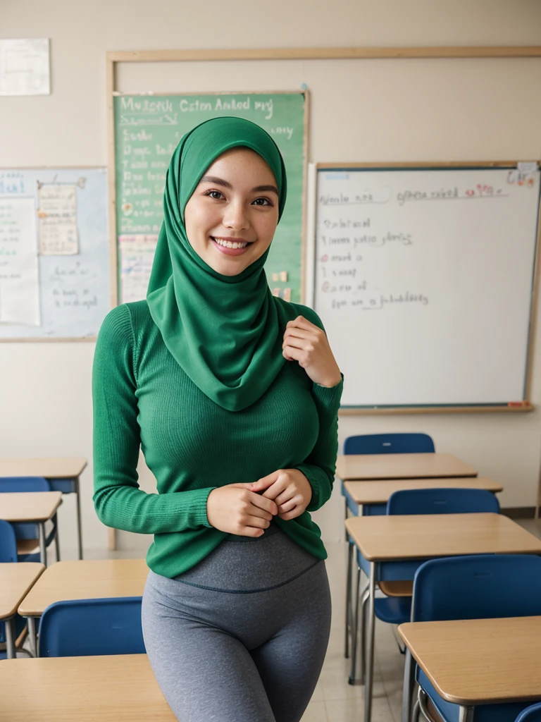 25 years old American teacher, green tight sweater tucked in the legging, high waist legging, green hijab, standing at the classroom, small breast, flat chest, no bra, smiling, greeting the viewers, say hi!, beautiful white american face, beautiful smile.