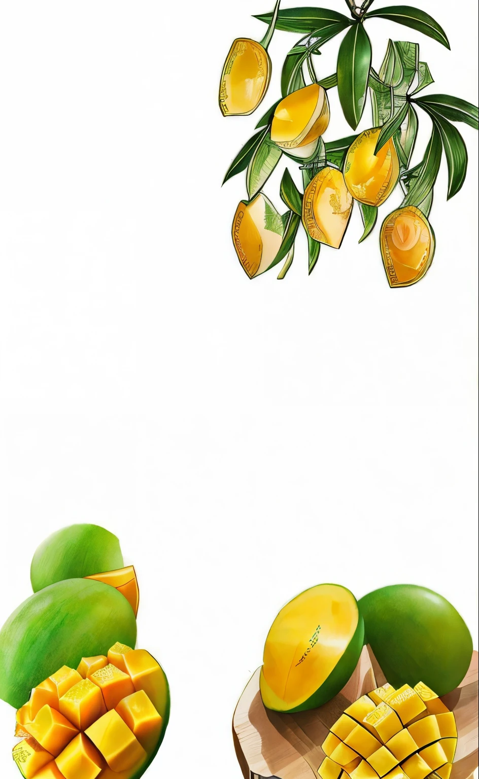 Amazing food illustrations, Traditional Japanese concept art, Very detailed numbers, The numbers are very detailed, Highly detailed numbers, highly realistic concept art, Japanese Market, Concept art is very detailed, Highly detailed concept art, Anime Landscape Concept Art, Ultra-detailed concept art，sunny weather, strong contrast, Soft light backgrounds, Golden Ratio composition, 上面是Green mango树，下面是Green mango山，Green mango，Same style，Green mango的果肉