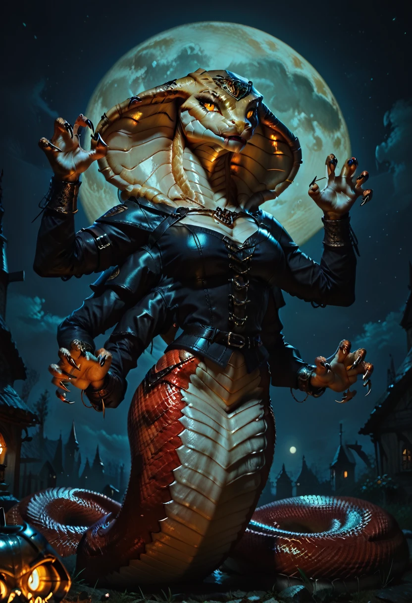 score_9, score_8_up, score_7_up, score_6_up, Anthro, cobra, cobra hood, lamia, glowing yellow eyes, (Four Arms:1.3), medieval, cxqz8r, night, fullmoon, claw_pose, claws, solo, nacked