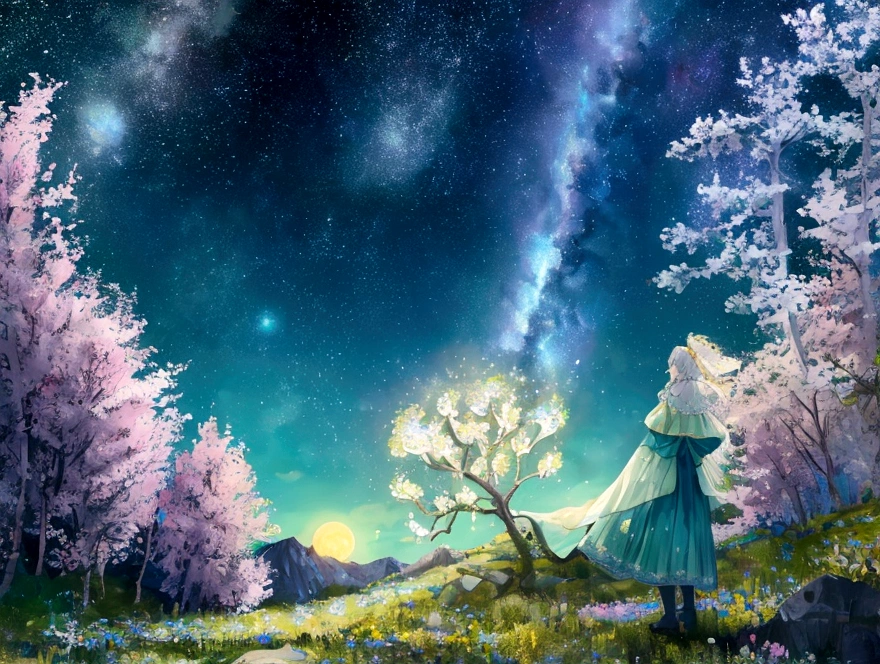 Mountain, forest, Starry Sky ,Yellow Full Moon, Intricate details,make flowers bloom,Sea of Flowers,Fantastic、Monet
