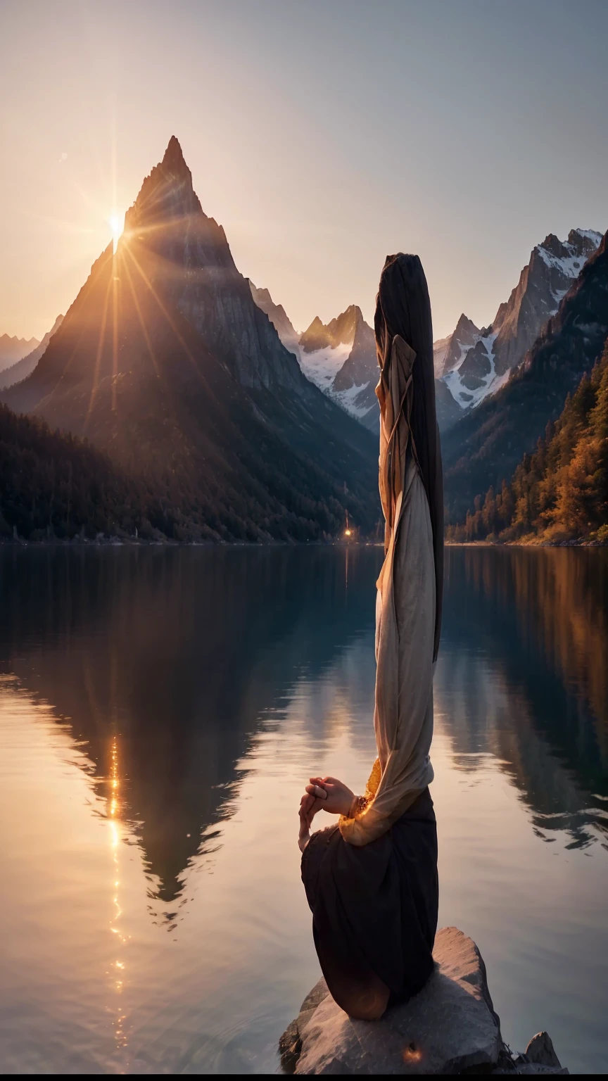 Stunning sunset views,On the calm lake,Surrounded by majestic mountains,Breathtaking. In the center of the image, Standing alone,Hands together,Close your eyes,Engage in deep meditation. Just above them, Artistic Expressions of God, Surrounded by a sacred aura, Watching with compassion those who are meditating. The golden light of the setting sun bathes this beautiful scene, Create tranquility、Atmosphere