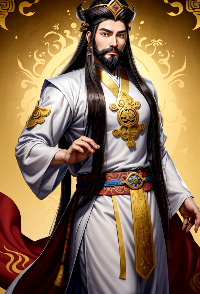 A man with long hair and a beard is wearing a crown, Vian Lian, 리칸inspired by, Inspired by Oh Do-ja, 조즈바이inspired by, 우빈inspired by, by Jay Yang, Guan Yu, yellow heart(Huang Shen)inspired by, heise jinyao, Three Kingdoms of China, xianxia hero, Zhaoyun, 리쳉inspired by