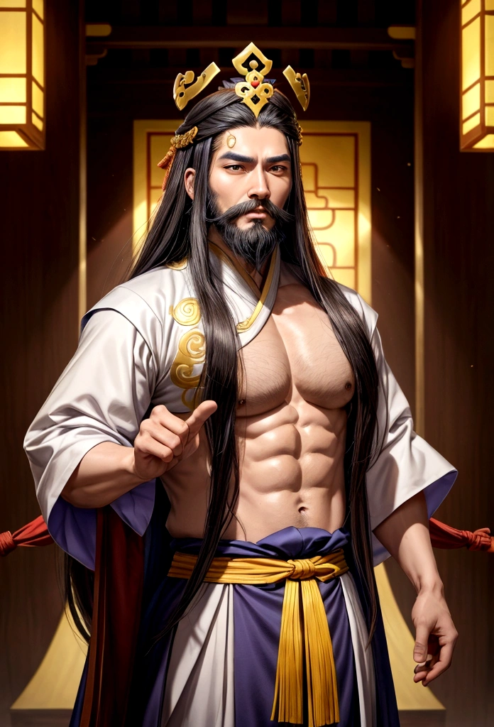 A man with long hair and a beard is wearing a crown, Vian Lian, 리칸inspired by, Inspired by Oh Do-ja, 조즈바이inspired by, 우빈inspired by, by Jay Yang, Guan Yu, yellow heart(Huang Shen)inspired by, heise jinyao, Three Kingdoms of China, xianxia hero, Zhaoyun, 리쳉inspired by