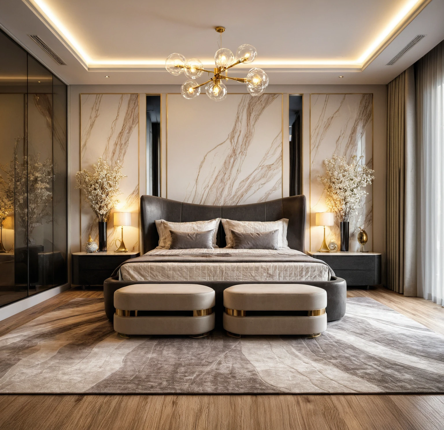 Raw photo,Masterpiece, high quality, best quality, authentic, super detail, interior, indoors, bedroom style modern luxury , sunset, day light, bed, lamp, carpet, bedside cabinets, flower vase, wooden floor, armchair, curtain, glass door wardrobe,aluminum glass wings, Chandeliers, led,