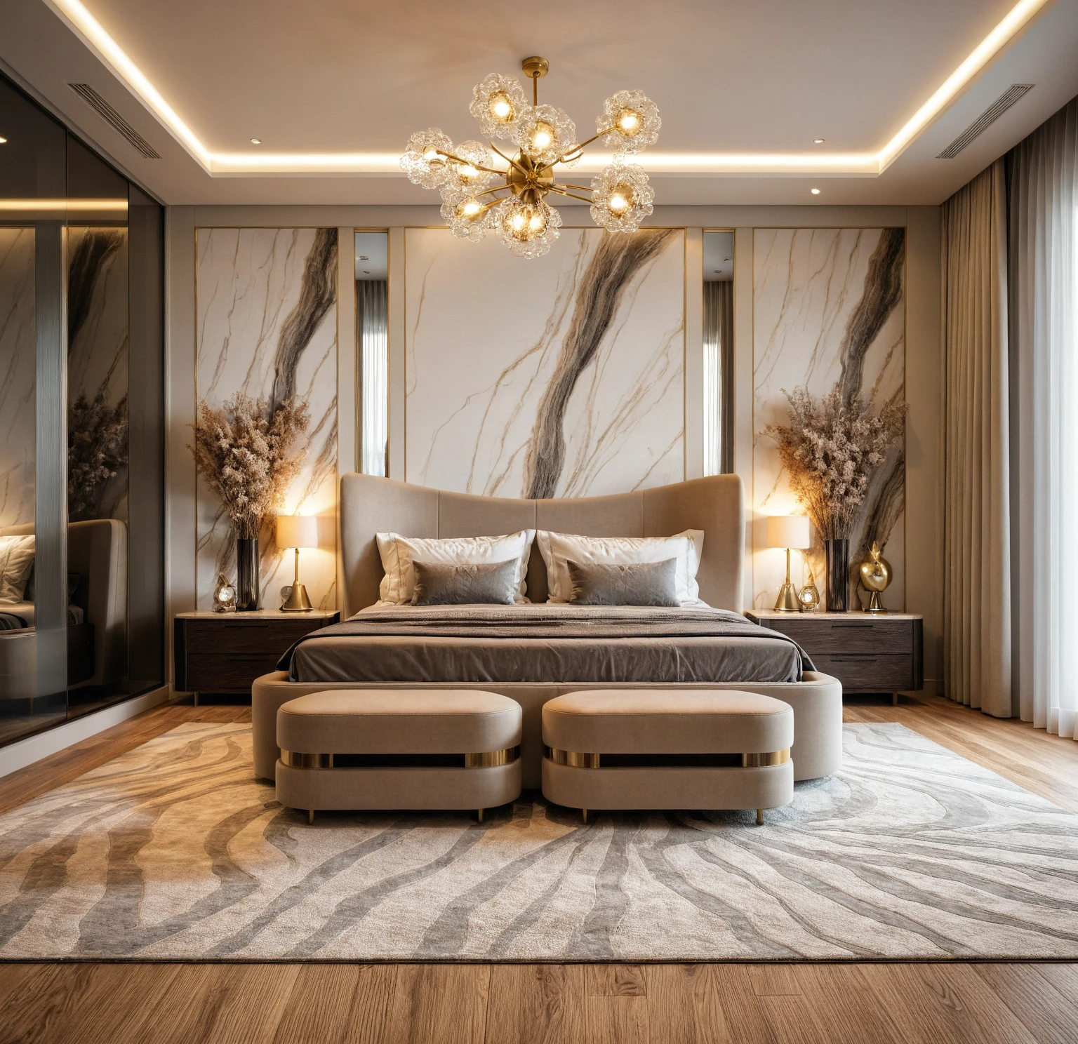 Raw photo,Masterpiece, high quality, best quality, authentic, super detail, interior, indoors, bedroom style modern luxury , sunset, day light, bed, lamp, carpet, bedside cabinets, flower vase, wooden floor, armchair, curtain, glass door wardrobe,aluminum glass wings, Chandeliers, led,