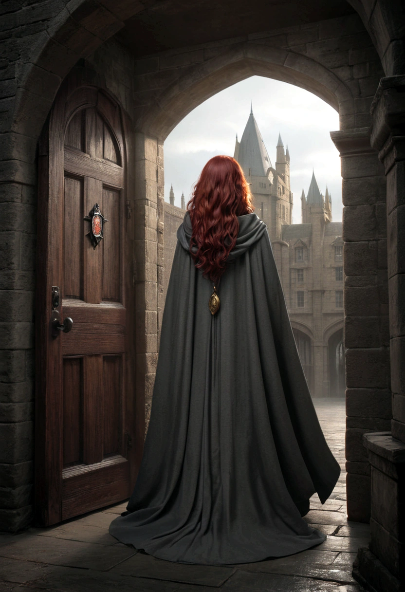a young female lily evans in cape is standing in front of a door, green eyes, red haired deity, in a cloak Gryffindor long hairs, wearing a flowing cloak, with long red hair, cloaked woman, wearing a luxurious cloak, the piercing stare of yuki onna, wearing cloak, griffith from berserk, wears a long robe, he has dark grey hairs, Hogwarts castle , ultra-detailed,(realistic,photorealistic,photo-realistic:1.37),cinematic lighting,dramatic shadows,dark fantasy,moody atmosphere,chiaroscuro style , dark academia aesthetic