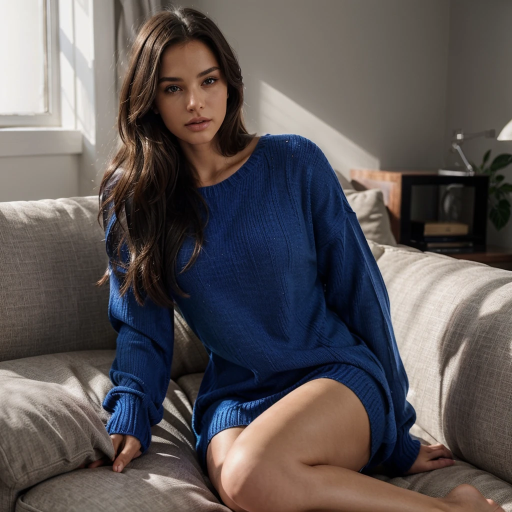 Female supermodel. Royal blue sweater. Sits on gray sofa. Soft lighting.