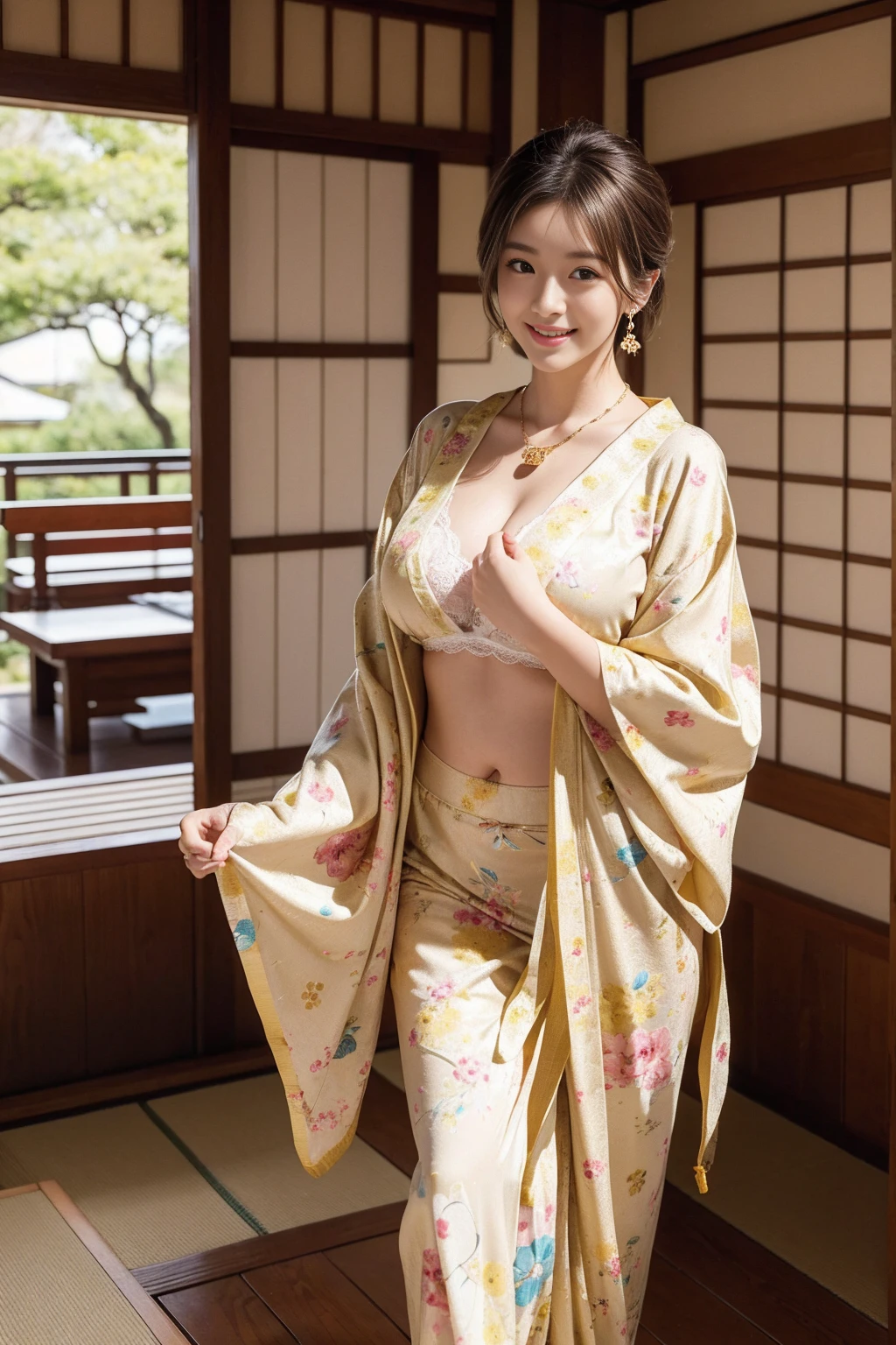 high quality,8K, Detailed facial depiction, Detailed description of the eyes,One Woman, Light brown hair(Short Hair),Beautiful Japanese Girl,24-years-old,Cute eyes,Cute Smile,Yukata beauty,The yellow floral yukata is open and very sexy.,The front of the yukata is open, revealing a sexy bra,Lace underwear,String panties,Slender body, Large, plump breast size, Long and beautiful legs,Smiling, Colorful earrings,necklace,Are standing,Beautiful nape,Japan tatami room,Feminine gestures,Dry landscape garden,wind chimes,