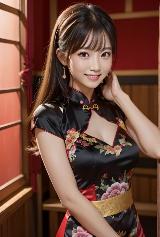 (((Red Room:1.3, indoor, Photographed from the front))), ((Long Hair:1.3,Black cheongsam clothes,Japanese women,smile,cute)), (clean, Natural Makeup), (Highest quality, masterpiece:1.3, 超High resolution), (Very detailedな, Caustics), (Realistic:1.4, RAW shooting), Very detailed, High resolution, 16K resolution