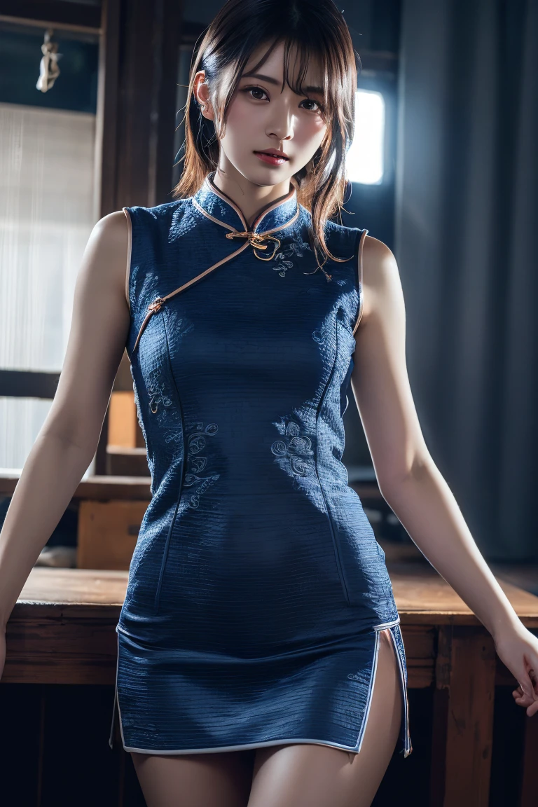 (最high quality, High resolution, masterpiece :1.3), Dressed, (Realistic: 1.4), (超Realisticな: 1.4), (Realistic: 1.3), (Smooth lighting: 1.05), (Improving the quality of cinema lighting: 0.9), 32k, 1 Girl, 20-year-old girl, Realistic lighting, Backlight, Face Light, Ray Tracking, (Bright light: 1.2), (Quality improvement: 1.4), (Quality improvement: 1.4), (high quality, Realistic textured skin: 1.4), fine grain, Detailed face, quality eyes, (tired, Sleepy and satisfied: 0.0), Dark Blue Cheongsam: 1.3, (Accentuates body lines: 1.1), (Enhances the beauty of skin texture: 1.1), Korean Idol, Nogizaka idol, idol carving, actress, Fashion model posing
