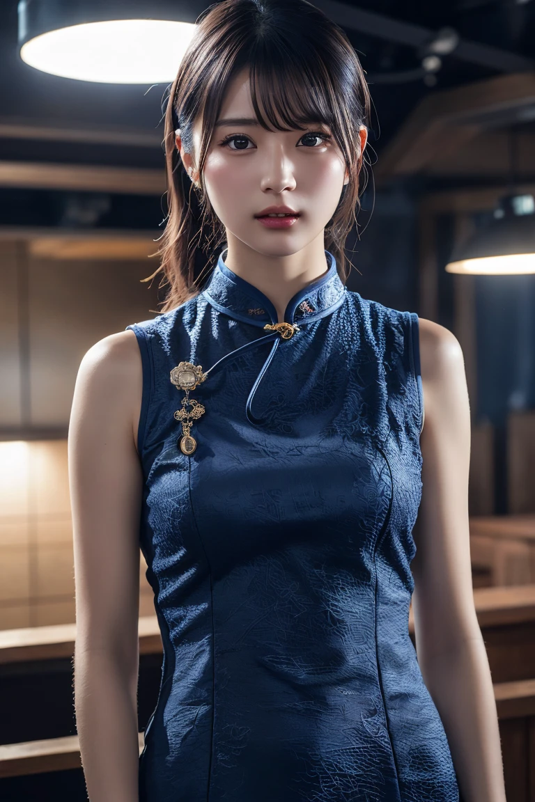 (最high quality, High resolution, masterpiece :1.3), Dressed, (Realistic: 1.4), (超Realisticな: 1.4), (Realistic: 1.3), (Smooth lighting: 1.05), (Improving the quality of cinema lighting: 0.9), 32k, 1 Girl, 20-year-old girl, Realistic lighting, Backlight, Face Light, Ray Tracking, (Bright light: 1.2), (Quality improvement: 1.4), (Quality improvement: 1.4), (high quality, Realistic textured skin: 1.4), fine grain, Detailed face, quality eyes, (tired, Sleepy and satisfied: 0.0), Dark Blue Cheongsam: 1.3, (Accentuates body lines: 1.1), (Enhances the beauty of skin texture: 1.1), Korean Idol, Nogizaka idol, idol carving, actress, Fashion model posing