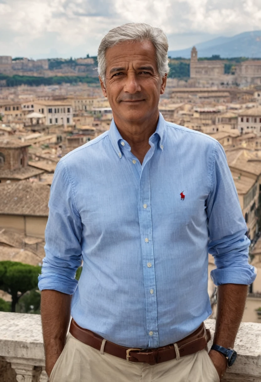 ((60 years old)) a bit ugly Italian engineer, gray short hair, medium build, Mediterranean body and skin tone, blue ralph lauren shirt, business casual Italian style, in a typical Rome location, summertime, sunny day with puffy white small clouds in the sky, serene happy atmosphere, perfect photo portrait, bokeh, 8k detailed, Hasselblad photo, (( hyper realistic establishing shot)), intricate details