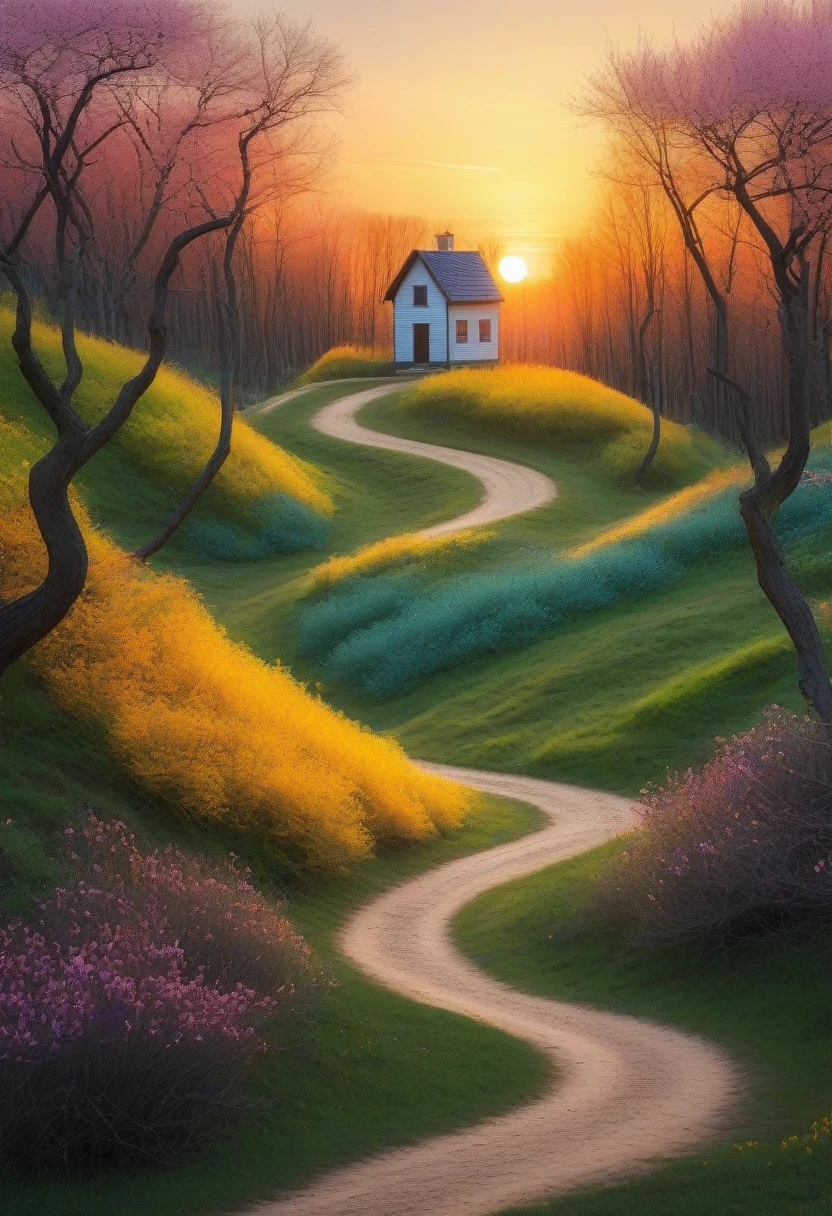 Minimalism,spring,Colorful woods and winding paths,Old man back,Small house in the distance,Sunset