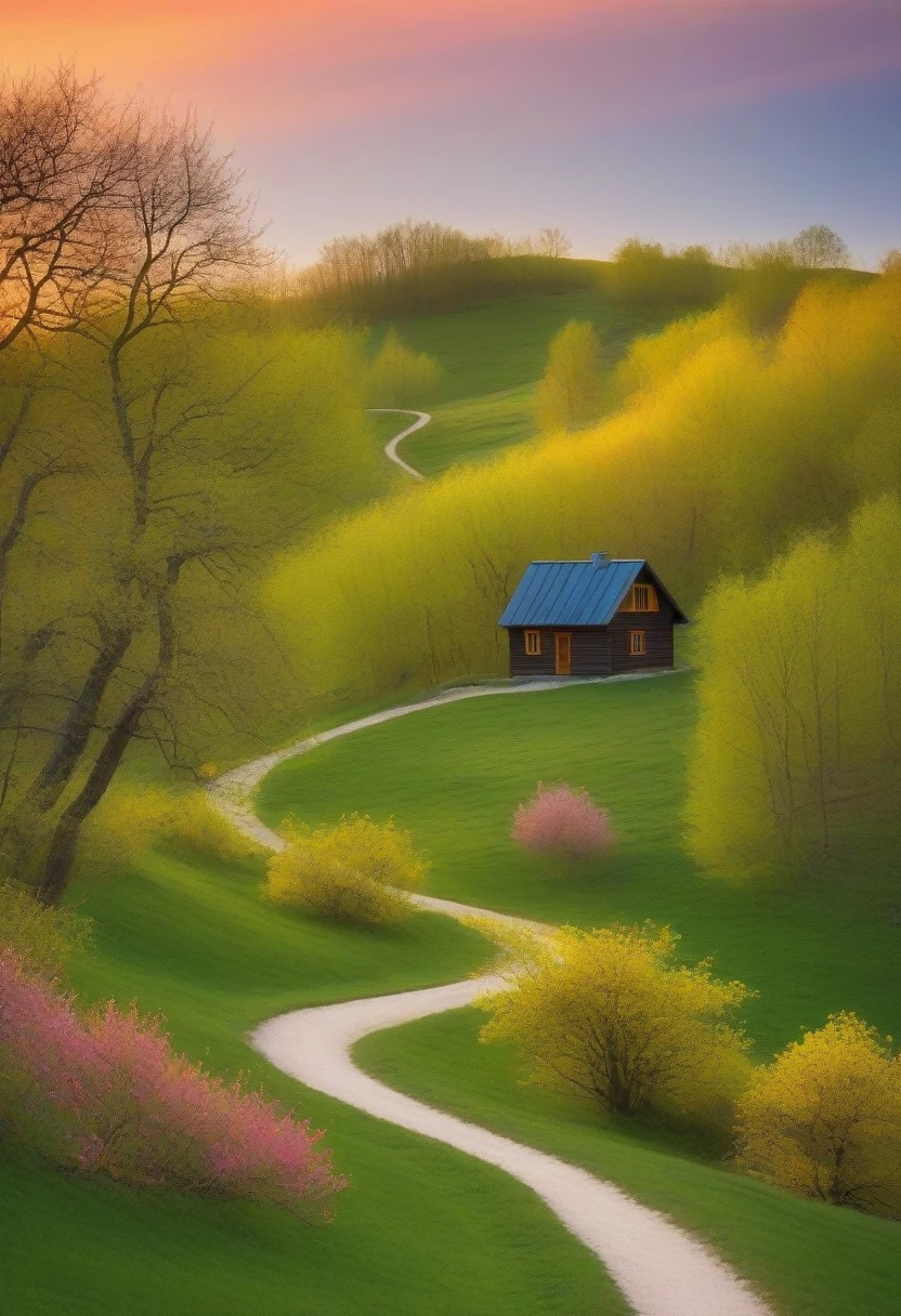 Minimalism，spring，Colorful woods and winding paths，Old man back，Small house in the distance，Sunset