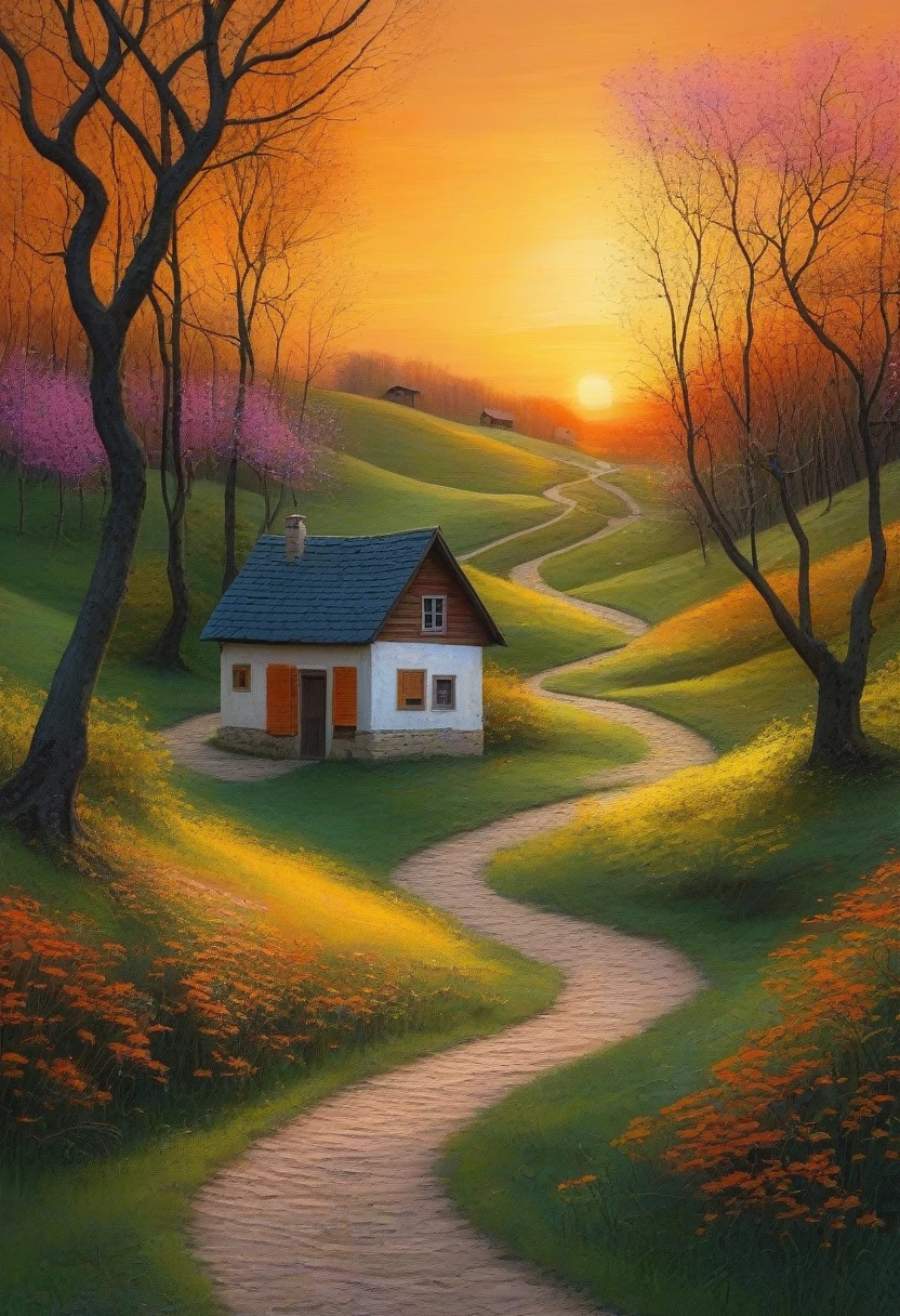 Minimalism，spring，Colorful woods and winding paths，Old man back，Small house in the distance，Sunset