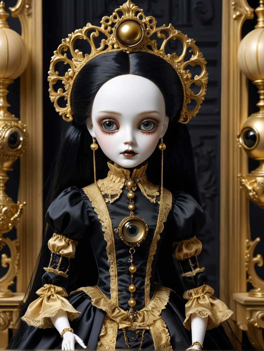 luxury product style, extremely detailed 8k wallpaper,masterpiece,best quality, katan doll, a ball jointed doll Marionette wearing gothic dress made of gold ais-tarmac, ais-tarmac, (((ball joint))),((lifeless)),((inorganic)),1girl,beautiful detailed glass eye,handled hair,gorgeous hair, expressionless, indifferent, hyperrealistic, Classical decoration, sit, zoom in on eyes, focus on eyes, rococo style elegant, sophisticated, high-end, luxurious, professional, highly detailed
