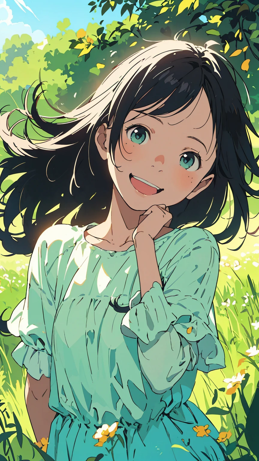 Reasonable design, Clear lines, High Sharpness, (Highest quality,4K,Perfect sharpness,Ultra fine,High resolution,masterpiece:1.2), Perfect Anatomy:1.5, Official Art, Illustrations that tell a story, (Whitish background:0. 9)、Body Positivity、多Mr.な身体表現、(Random and energetic poses)、Perfect beauty、Perfect beautiful face、Strong winds、A rich expression、Dynamic composition、smile、Golden ratio composition、colorful、((Mr.々Different angles and perspectives))、Anime Art、(Mini dress)、(Overcoming stereotypes)、 Glowing Skin、(Natural beauty)、smile、Bangs、(Soft and flowing hair)、(countryside)、(Nostalgic atmosphere)、Put up to your feet、(Playful and carefree)、(多Mr.な民族のキャラクター)、(innocent attitude)、(Sunny atmosphere)、(The skirt flutters wildly in the wind)、(Bright colors)、Beautiful Eyes、(Embarrassing)、Braided Hair、Summer Scene、Smiling among flowers
