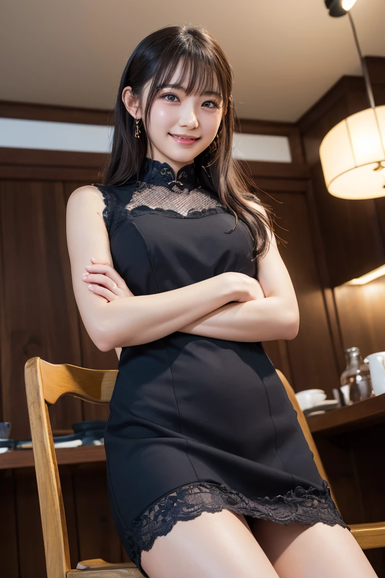(18-year-old: 1.2), (Insincere laughter), (avert your eyes), 8K, Japanese girl raw々new portrait, Realistic, Ultra-high resolution, Highest quality, (China dress: 1.2), (From below: 1.2), Sit on a chair, Arms crossed, (Panty shot: 1.2), (High-end cafe) break (Natural skin texture, Detailed skin, Hyperrealism, Ultra Sharpness), Intricate details, Written boundary depth, Dim lighting, Korean Idol, Nogizaka idol, idol carving, actress, Fashion model posing