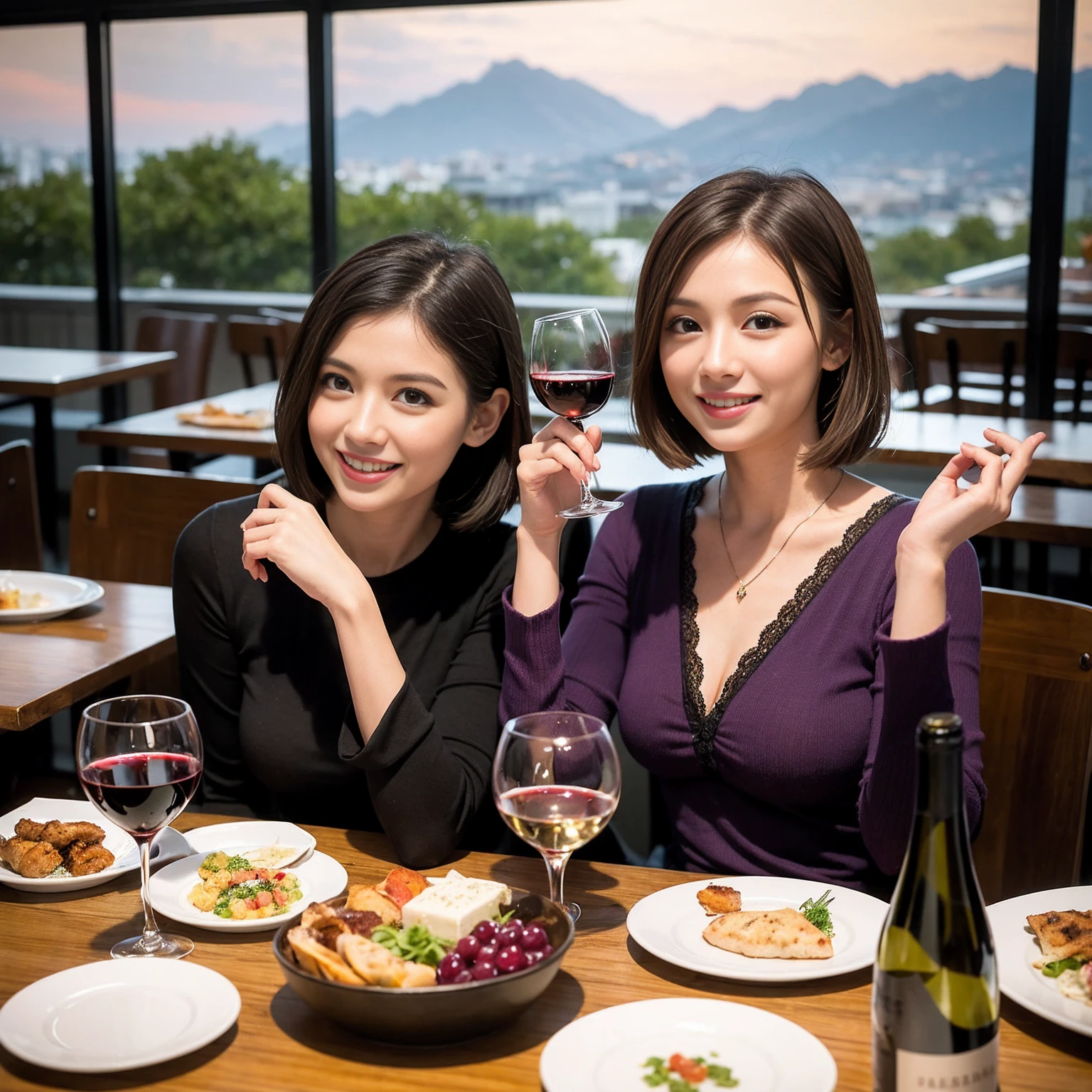 ((Highest quality、、masterpiece:1.3))、 (Genuineistic, Genuine、Bright image、Intricate details:1.2), 最高のsmile、1 male 1 female、Beautiful couple、love love love、fiancee、Model Friends、actress couple、smile、Full-course dinner at a packed table、 (Slim face), (the body is slim), (Brown Hair), (short hair), テーブルのwine glass、Please shine a light on my face、 Amazing view of the sunset sky and clouds、33 years old,Age 35, red wine 、Appetizers、Wine bottle、sparkling wine、Long sleeve shirt、dress、White wine, red wine, wine glass, 