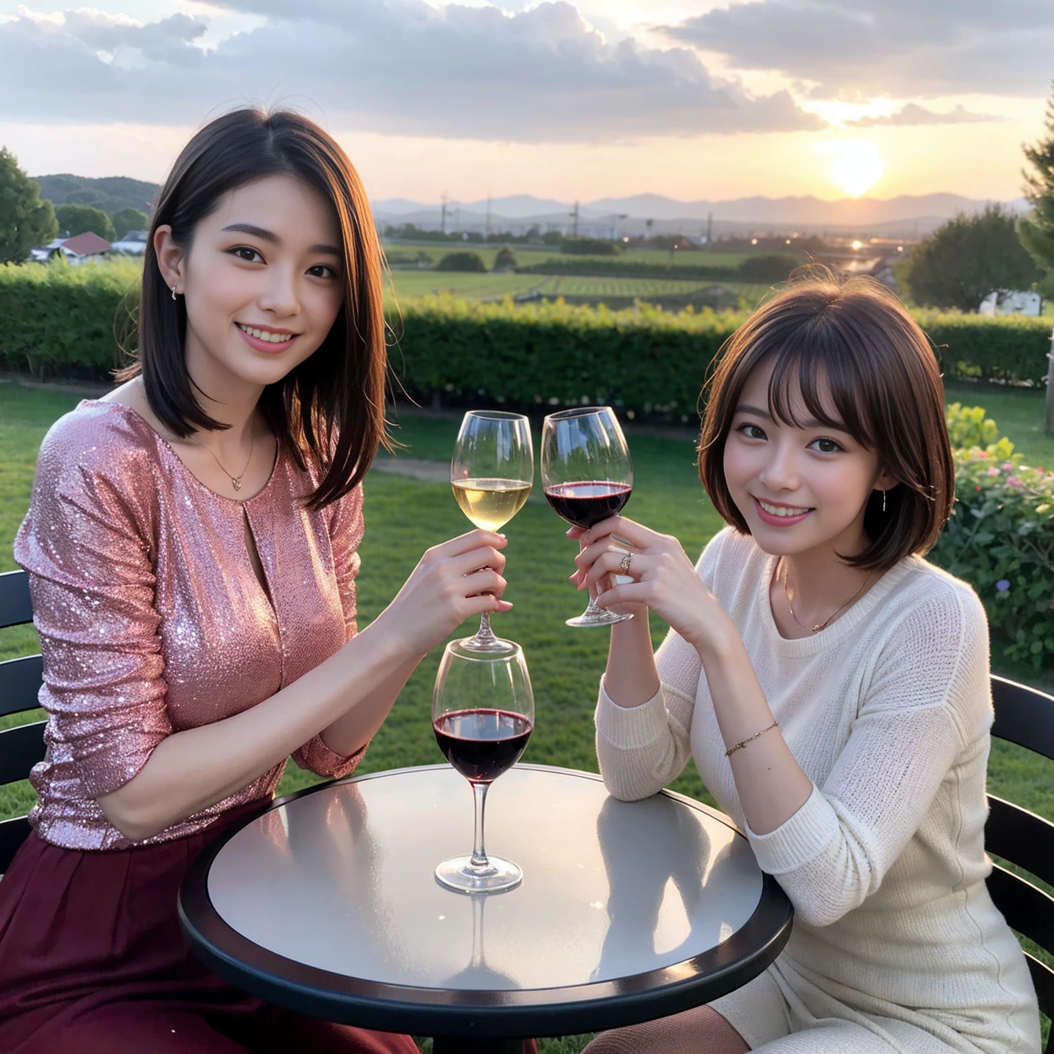 ((Highest quality、、masterpiece:1.3))、 (Genuineistic, Genuine、Bright image、Intricate details:1.2), 最高のsmile、1 male 1 female、Beautiful couple、love love love、fiancee、Model Friends、actress couple、smile、Full-course dinner at a packed table、 (Slim face), (the body is slim), (Brown Hair), (short hair), テーブルのwine glass、Please shine a light on my face、 Amazing view of the sunset sky and clouds、33 years old,Age 35, red wine 、Appetizers、Wine bottle、sparkling wine、Long sleeve shirt、dress、White wine, red wine, wine glass, 