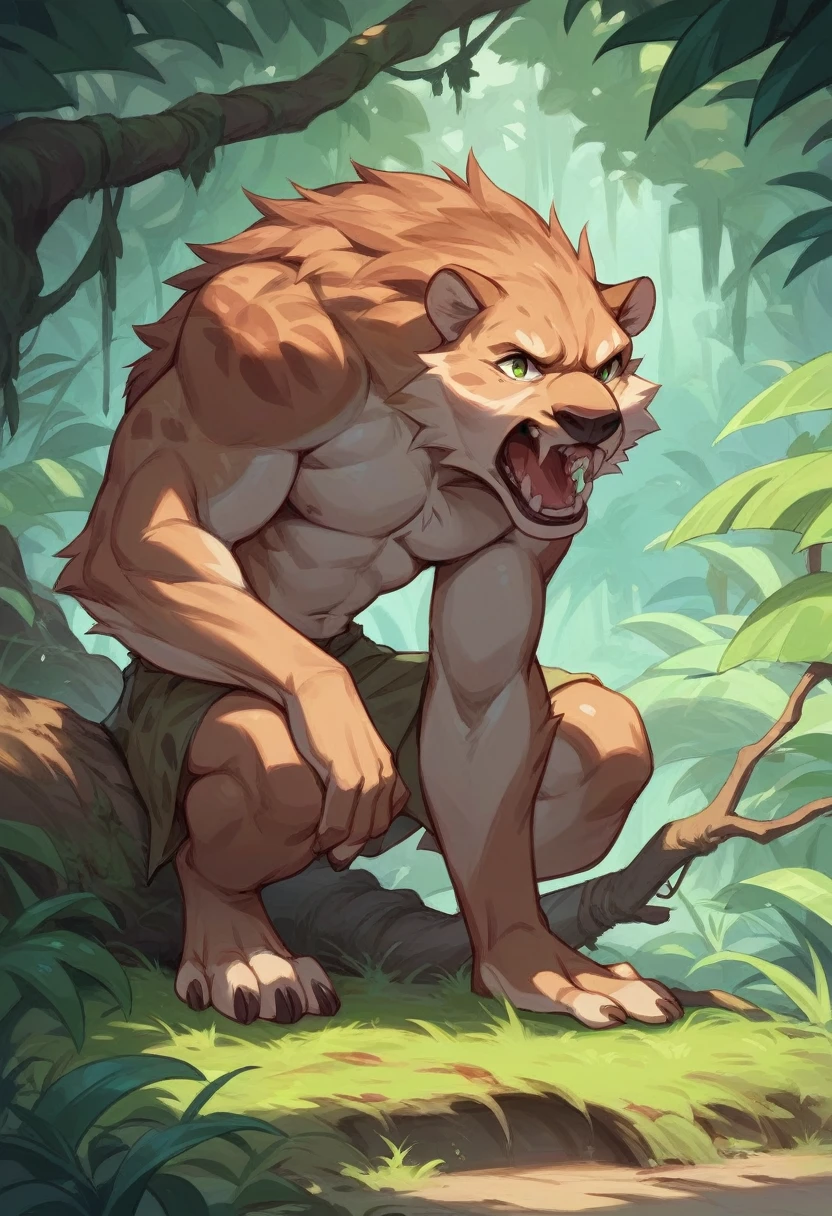 Create a wide full body view of a fully see through transparent predator, from predator movie cloaking-like invisibility, his see through body blended with surrounding, manacing crouched on a tall log branch in a green moisy misty deep jungle