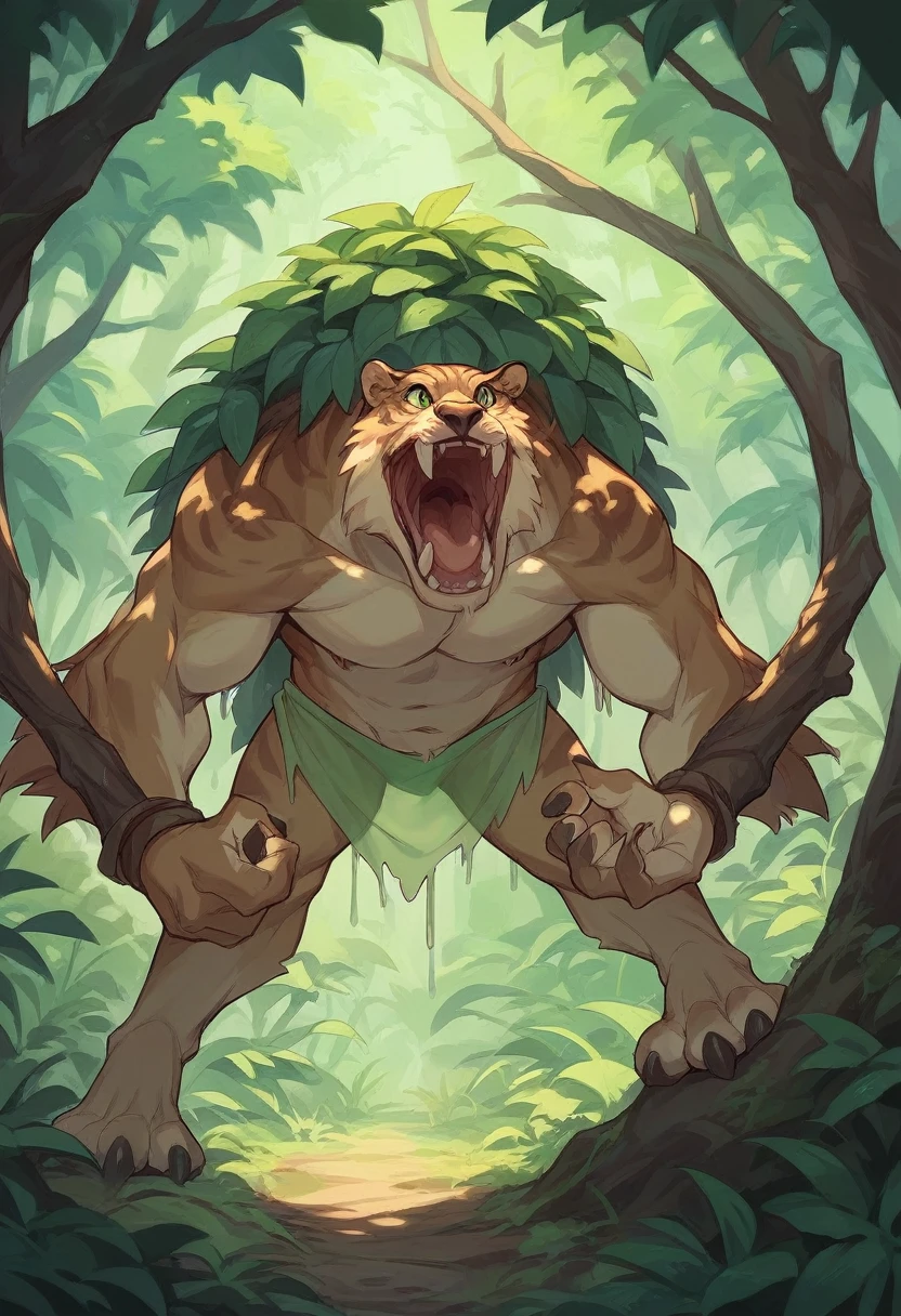 Create a wide full body view of a fully see through transparent predator, from predator movie cloaking-like invisibility, his see through body blended with surrounding, manacing crouched on a tall log branch in a green moisy misty deep jungle