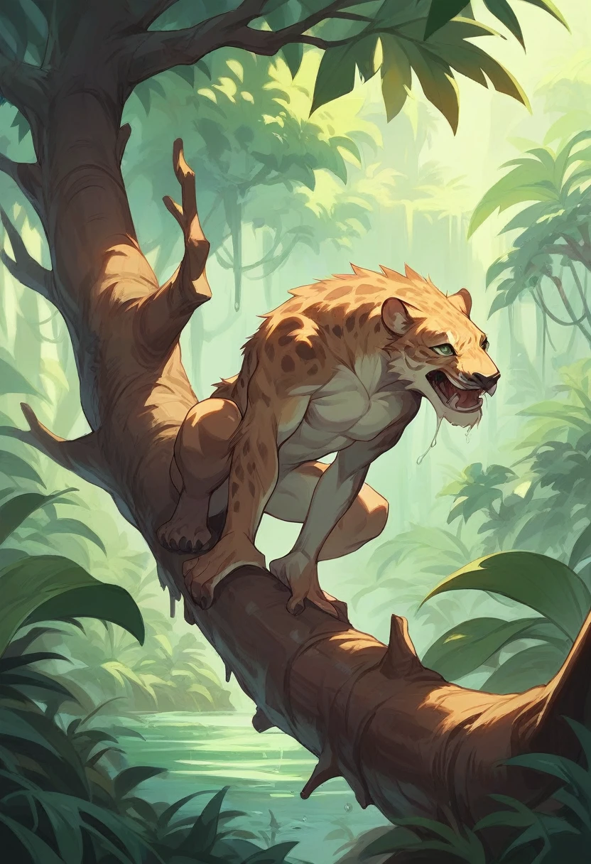 Create a wide full body view of a fully see through transparent predator, from predator movie cloaking-like invisibility, his see through body blended with surrounding, manacing crouched on a tall log branch in a green moisy misty deep jungle