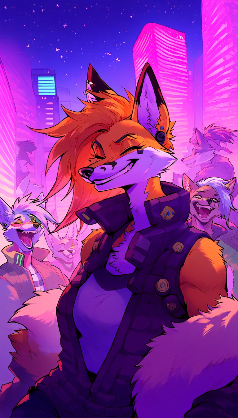score_9, score_8_up, score_7_up, cyberpunk city, downtown ally, midnight, crowd on background, starry night, happy, joyful, ,
((fox:1.2), anthro, female, colorfull fur, short punk haircut, beautiful, wearing a cyberpunk-style augmentations, joyful, grin)
