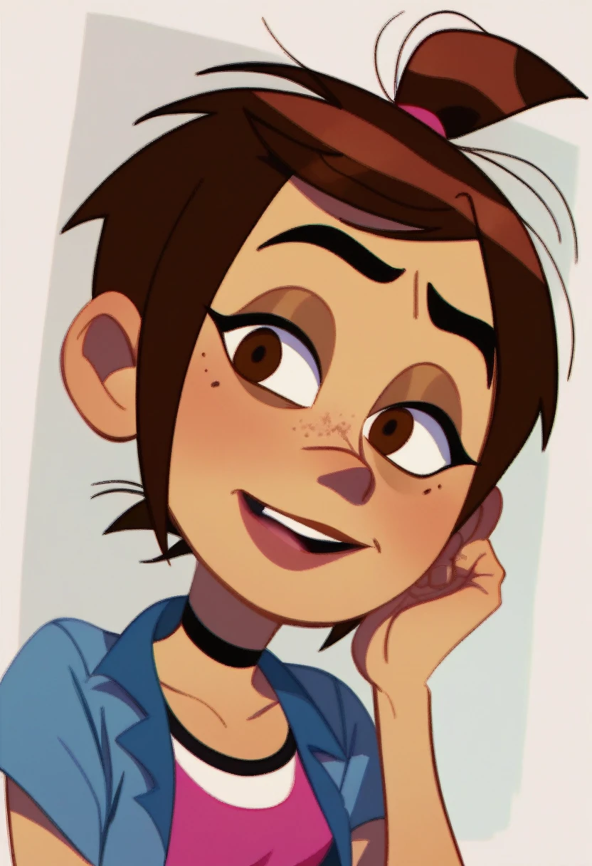 Molly McGee,1girl,solo, brown eyes, brown hair, short ponytail,