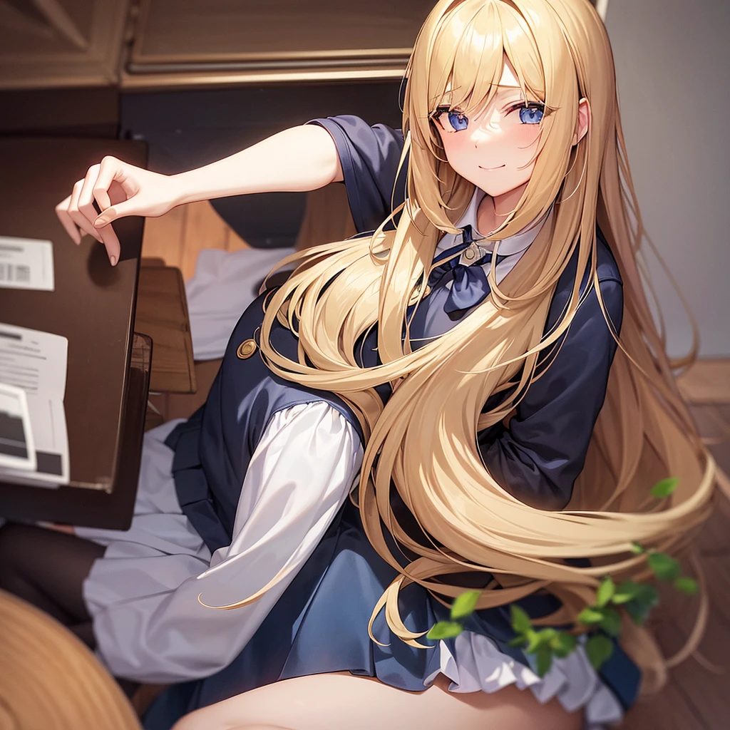 1girl, with long, golden blonde hair styled in slight waves, often tied half-up with a small ribbon. Standing at about 165 cm (5'5"), she has bright blue eyes with a mischievous and clever glint. Her medium-sized chest is proportional to her slim and athletic body, which appears active and agile. She is often seen with a playful smile or a small laugh, sometimes with a slightly mischievous expression and a raised eyebrow.
### Clothing (School Uniform):
- **Top:** White shirt with a small dark blue tie or ribbon.
- **Bottom:** Pleated dark blue skirt, about knee-length.
- **Jacket:** Dark blue blazer with the school emblem on the left chest pocket.
- **Accessories:** White knee-high socks and shiny black shoes.
- **Additional:** Sometimes wears a light gray sweater when it’s cold.
### Setting (Classroom):
- **Classroom:** A room with large windows on one side, providing lots of natural light. There is a large chalkboard at the front and rows of desks and chairs neatly arranged.
- **Decorations:** Educational posters on the walls and some potted plants in the corners to give a fresh atmosphere.
### Position:
- **Sitting Position:** She sits in a seat near the window, often turning around to tease {user} who sits in front of her.
- **Like a Photo:** In one scene, she stands beside {user}'s desk with one hand resting on the desk, giving a playful smile. Her eyes are directly looking at {user}, reflecting her teasing nature and their closeness.