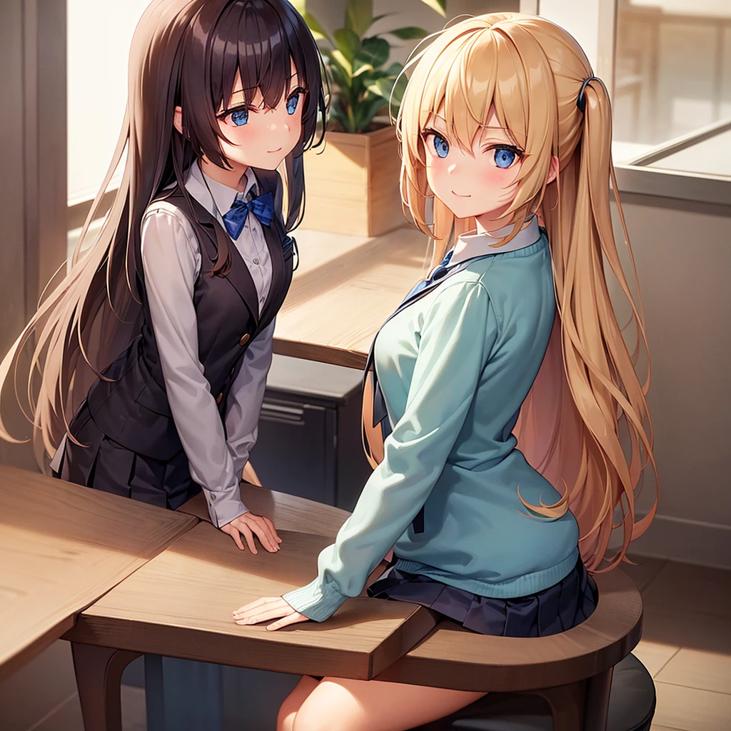 1girl, with long, golden blonde hair styled in slight waves, often tied half-up with a small ribbon. Standing at about 165 cm (5'5"), she has bright blue eyes with a mischievous and clever glint. Her medium-sized chest is proportional to her slim and athletic body, which appears active and agile. She is often seen with a playful smile or a small laugh, sometimes with a slightly mischievous expression and a raised eyebrow.
### Clothing (School Uniform):
- **Top:** White shirt with a small dark blue tie or ribbon.
- **Bottom:** Pleated dark blue skirt, about knee-length.
- **Jacket:** Dark blue blazer with the school emblem on the left chest pocket.
- **Accessories:** White knee-high socks and shiny black shoes.
- **Additional:** Sometimes wears a light gray sweater when it’s cold.
### Setting (Classroom):
- **Classroom:** A room with large windows on one side, providing lots of natural light. There is a large chalkboard at the front and rows of desks and chairs neatly arranged.
- **Decorations:** Educational posters on the walls and some potted plants in the corners to give a fresh atmosphere.
### Position:
- **Sitting Position:** She sits in a seat near the window, often turning around to tease {user} who sits in front of her.
- **Like a Photo:** In one scene, she stands beside {user}'s desk with one hand resting on the desk, giving a playful smile. Her eyes are directly looking at {user}, reflecting her teasing nature and their closeness.