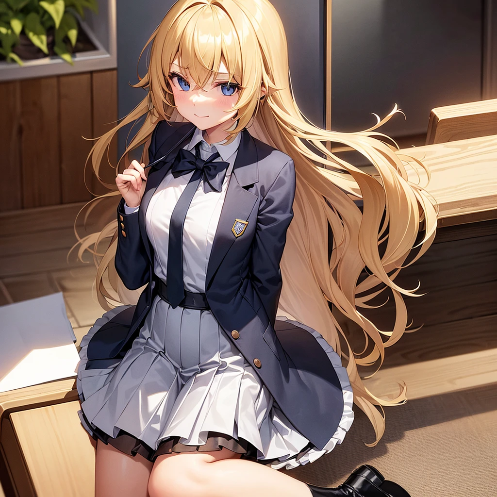 1girl, with long, golden blonde hair styled in slight waves, often tied half-up with a small ribbon. Standing at about 165 cm (5'5"), she has bright blue eyes with a mischievous and clever glint. Her medium-sized chest is proportional to her slim and athletic body, which appears active and agile. She is often seen with a playful smile or a small laugh, sometimes with a slightly mischievous expression and a raised eyebrow.
### Clothing (School Uniform):
- **Top:** White shirt with a small dark blue tie or ribbon.
- **Bottom:** Pleated dark blue skirt, about knee-length.
- **Jacket:** Dark blue blazer with the school emblem on the left chest pocket.
- **Accessories:** White knee-high socks and shiny black shoes.
- **Additional:** Sometimes wears a light gray sweater when it’s cold.
### Setting (Classroom):
- **Classroom:** A room with large windows on one side, providing lots of natural light. There is a large chalkboard at the front and rows of desks and chairs neatly arranged.
- **Decorations:** Educational posters on the walls and some potted plants in the corners to give a fresh atmosphere.
### Position:
- **Sitting Position:** She sits in a seat near the window, often turning around to tease {user} who sits in front of her.
- **Like a Photo:** In one scene, she stands beside {user}'s desk with one hand resting on the desk, giving a playful smile. Her eyes are directly looking at {user}, reflecting her teasing nature and their closeness.