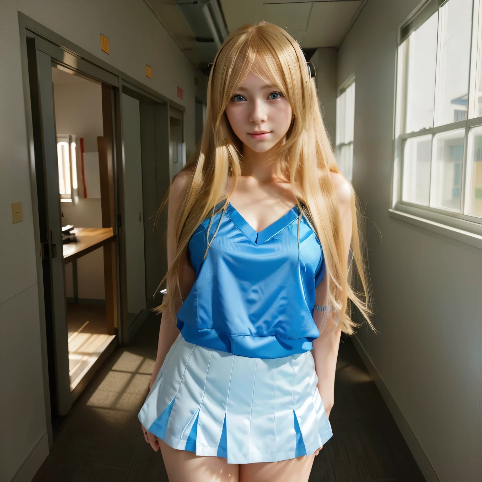 anime girl with long blonde hair and blue eyes standing in a hallway, anime visual of a cute girl, kei karuizawa classroom of the elite, beautiful anime high school girl, young anime girl, an anime girl, cute anime girl, a hyperrealistic , beautiful anime girl, blonde anime girl with long hair, anime best girl, portrait of an anime girl, anime girl, beautiful anime portrait