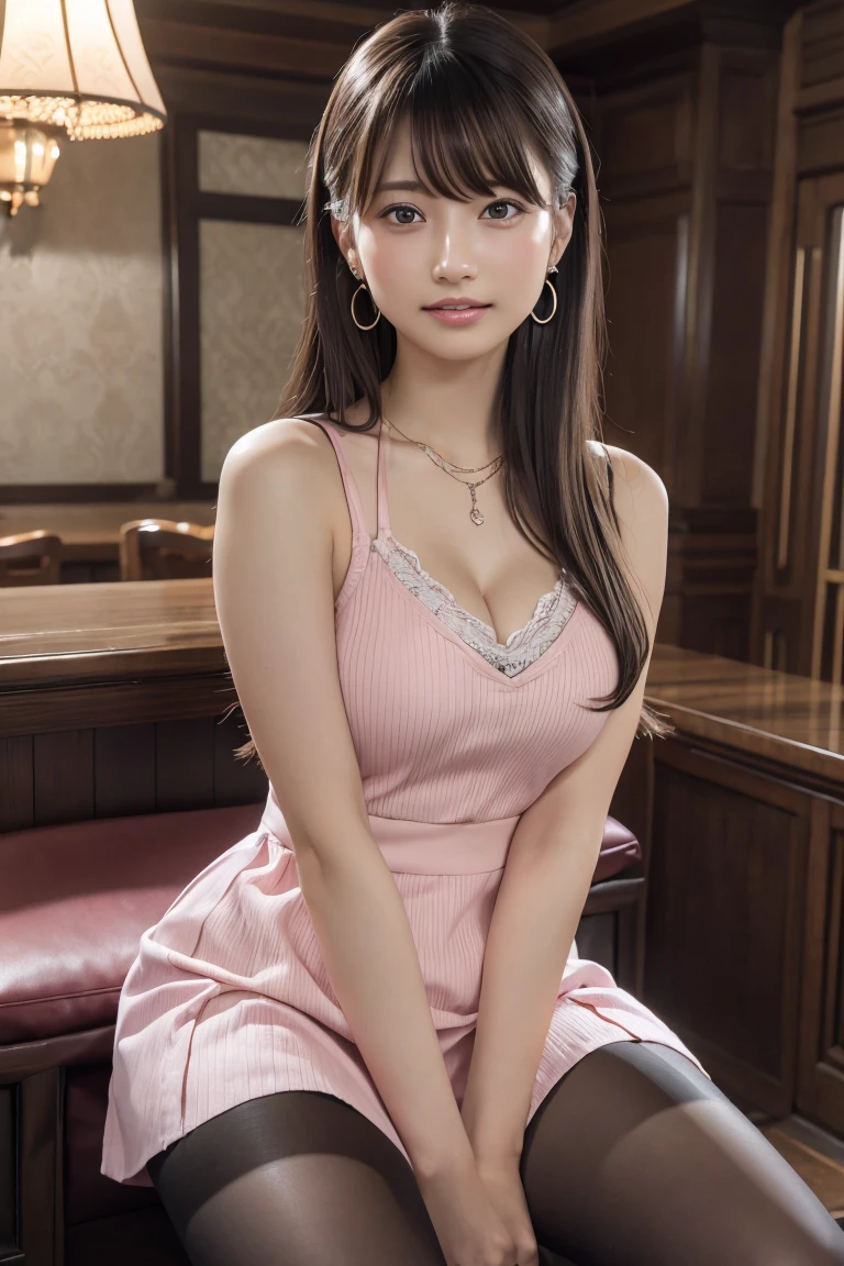 (Ultra-realistic), (shape), (High resolution), (8K), (Very detailed), (Best shape), (Beautiful and exquisite), (Highest quality), (Very detailedな), (masterpiece), (wallpaper), (Detailed face), alone, One Girl, whole body, Spectators staring, Beautiful eyes and mouth, Detailed face and Hands, bar counter, In the Dark, moderate, Pure erotic face ace_v1, smile, Long Hair, Dark blonde wavy hair, bangs, Sit deep on the sofa, Beautiful Teeth, Blushing, Captivating look, Pink Chinese Dress, mini skirt, Earrings, necklace, black tights, Cleavage, Spread your legs, Nogizaka idol, Korean Idol, actress, Selfie, Underarm, Put your arms behind your back
