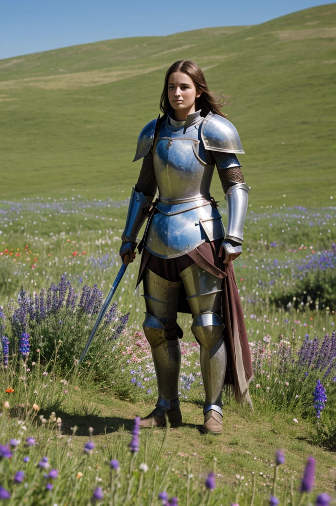 Character of a female knight in shining armor, standing on a hill full of wildflowers, with the bright blue sky behind him