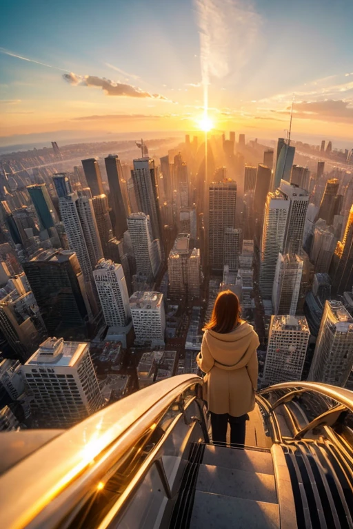 Highest quality、Golden Morning Future City、Watching from on high、Buildings shining in the setting sun、8K