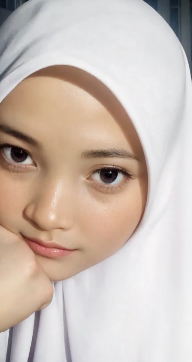 The woman faces forward wearing a white hijab