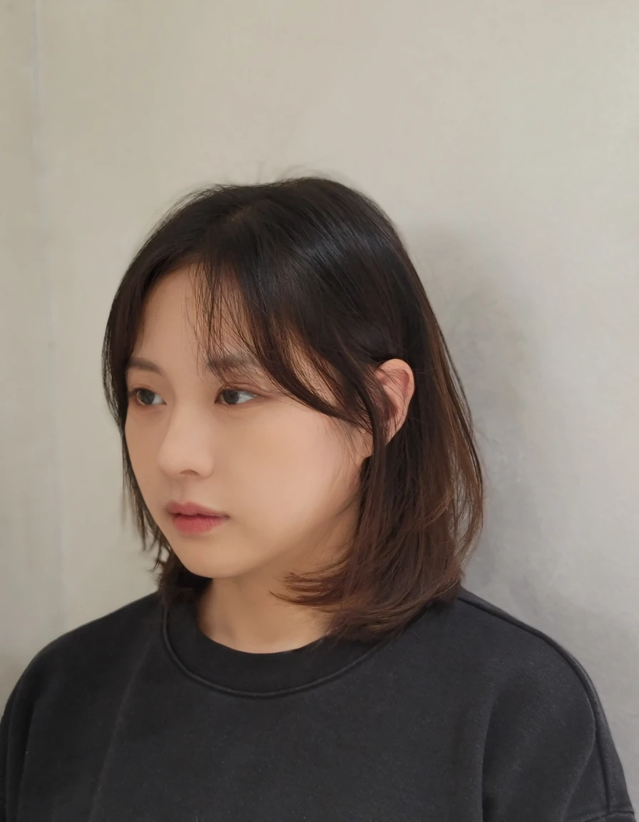Best Quality, 8k, Masterpiece, (Portrait: 1.3), (photo realistic:1.4), (hyper realistic:1.4), Sharp Focus, looking at viewer, (smoother lighting:1.1), (increase cinematic lighting quality:0.9), realistic lighting, backlighting, light on face, ray trace, (brightening light:1.2), (Increase quality:1.4), sharp detail, (best quality real texture skin:1.4), finely detailed eyes, black_eyes, finely detailed face, 25 year old Korean woman